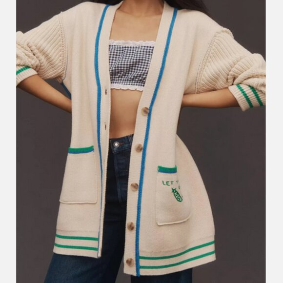 Anthropologie Maeve Cotton Blend Veggie Motif Cardigan Sweater Graphic S NWT - Picture 7 of 8